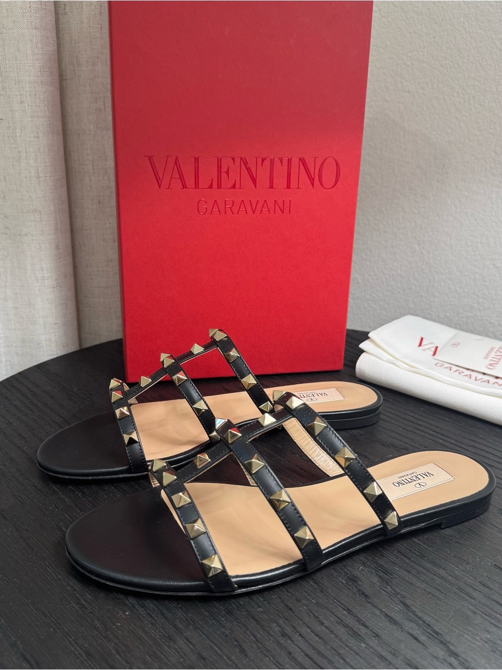Valentino Garavani Rockstud Caged Slide Sandals Black 37.5
